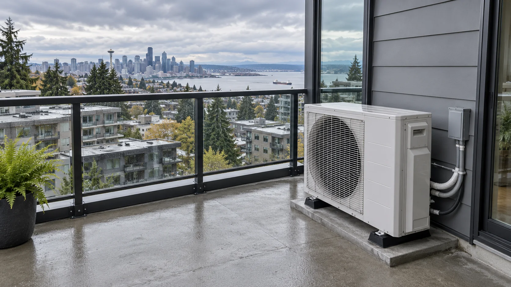 Outdoor heat pump on a Seattle condo balcony overlooking Elliott Bay and the downtown skyline